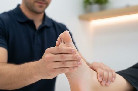 Fisioterapeuta analisando o arco plantar e a pisada de um paciente para tratar dor na coluna.