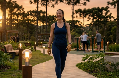 Mulher caminhando alegremente em um parque ao entardecer, demonstrando fluidez no passo e ausência de dor ao se movimentar.