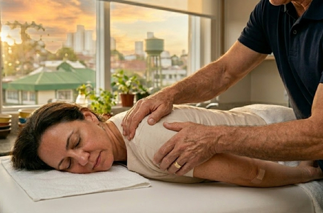 Fisioterapeuta realizando técnica de liberação miofascial manual no tecido muscular das costas de um paciente.
