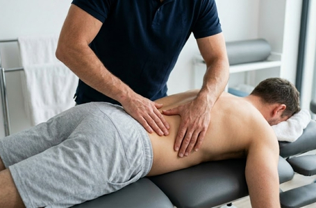 Fisioterapeuta realizando manobra de tração e mobilização manual na coluna lombar de um paciente.