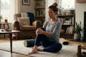 Mulher em seu ambiente doméstico realizando um alongamento suave de piriforme, demonstrando foco na recuperação ativa e alívio da dor irradiada