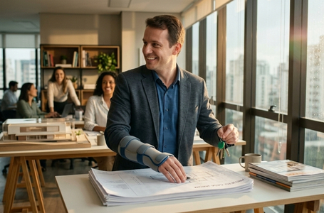 Homem em ambiente doméstico iluminado, realizando um movimento funcional simples como segurar um objeto, com expressão de confiança e progresso na recuperação de uma fratura