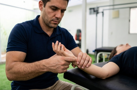 Fisioterapeuta realizando mobilização neural no punho de um paciente para tratar Síndrome do Túnel do Carpo