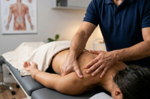 Fisioterapeuta realizando técnica de liberação miofascial manual no quadríceps de um atleta amador.