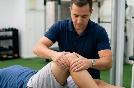 Fisioterapeuta realizando manobra de mobilização articular no joelho de um paciente idoso em consultório moderno