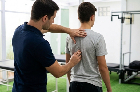 Fisioterapeuta realizando avaliação postural em adolescente para detectar sinais de escoliose.