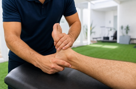 Fisioterapeuta realizando teste de gaveta anterior para avaliar a estabilidade do tornozelo em paciente na Sistema Fisio.