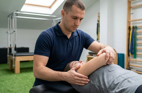 Fisioterapeuta realizando mobilização passiva suave no ombro de paciente em pós-operatório