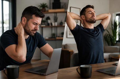 Pessoa em home office realizando exercícios para aliviar dores no pescoço e ombros