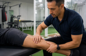 Fisioterapeuta avaliando a região posterior da coxa de um paciente em clínica de fisioterapia, com foco em reabilitação muscular e recuperação funcional.