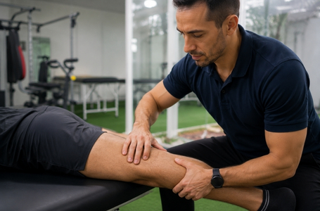 Fisioterapeuta avaliando a região posterior da coxa de um paciente em clínica de fisioterapia, com foco em reabilitação muscular e recuperação funcional.
