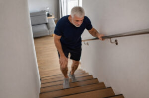 Pessoa adulta ou idosa subindo escada residencial com apoio leve no corrimão e demonstrando fraqueza moderada nas pernas.