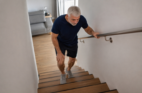Pessoa adulta ou idosa subindo escada residencial com apoio leve no corrimão e demonstrando fraqueza moderada nas pernas.