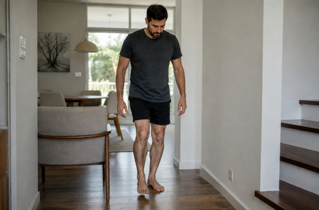 Pessoa retomando uma caminhada curta e segura em casa após retirar a imobilização da perna.