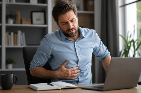 Pessoa com respiração curta e postura rígida sentindo desconforto no tronco após longo período sentada.