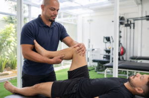Fisioterapeuta avaliando a mobilidade do quadril de paciente com dor na virilha e suspeita de impacto femoroacetabular.