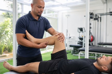 Fisioterapeuta avaliando a mobilidade do quadril de paciente com dor na virilha e suspeita de impacto femoroacetabular.