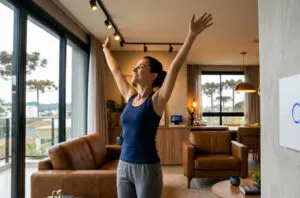 Pessoa em casa sentada no sofá, sorrindo e girando o tronco suavemente, demonstrando alívio da dor nas costas.