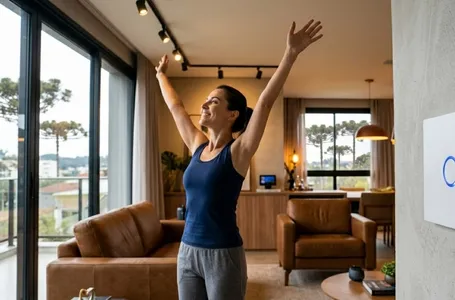 Pessoa em casa sentada no sofá, sorrindo e girando o tronco suavemente, demonstrando alívio da dor nas costas.