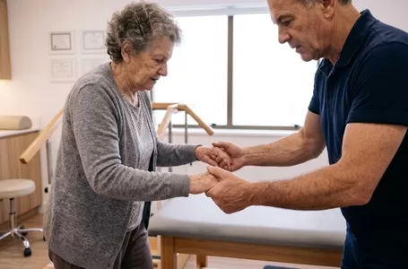 Fisioterapeuta auxiliando idoso em exercícios de equilíbrio e fortalecimento de pernas.