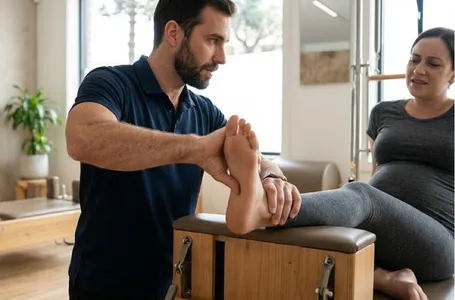 Fisioterapeuta experiente realizando terapia manual profunda na planta do pé de um paciente para tratar fascite plantar.