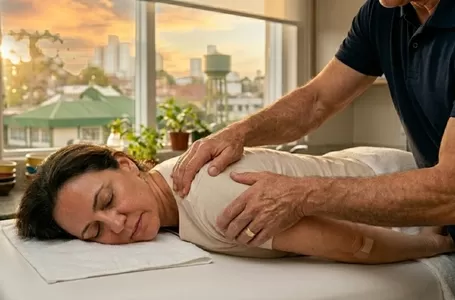 Fisioterapeuta realizando técnica de liberação miofascial manual no tecido muscular das costas de um paciente.