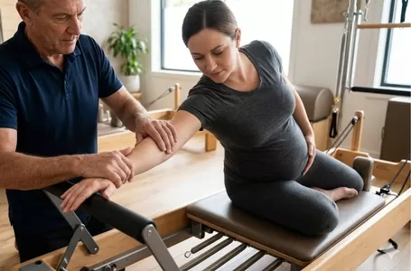Fisioterapeuta orientando gestante em exercício de fortalecimento pélvico no Cadillac de Pilates.