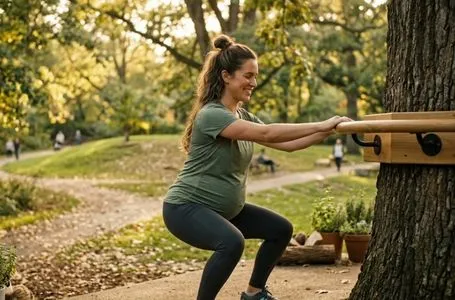 Gestante sorrindo em um parque tranquilo, realizando movimentos suaves de agachamento apoiada em uma barra, demonstrando força e preparação para o parto.