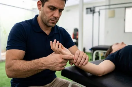 Fisioterapeuta realizando mobilização neural no punho de um paciente para tratar Síndrome do Túnel do Carpo