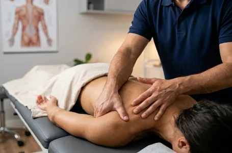 Fisioterapeuta realizando técnica de liberação miofascial manual no quadríceps de um atleta amador.