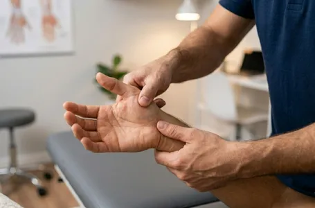 Fisioterapeuta realizando manobra de Finkelstein para diagnosticar Tendinite de De Quervain em paciente.