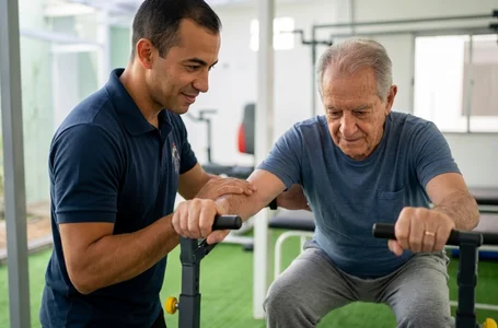 Fisioterapeuta auxiliando paciente idoso em exercício de equilíbrio e força na Sistema Fisio.