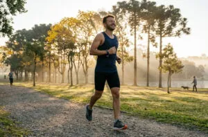 Corredor amador em uma pista de asfalto, parando para alongar a canela com expressão de alívio