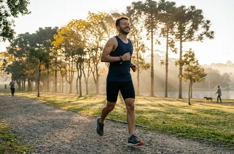 Corredor amador em uma pista de asfalto, parando para alongar a canela com expressão de alívio