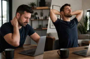 Pessoa em home office realizando exercícios para aliviar dores no pescoço e ombros
