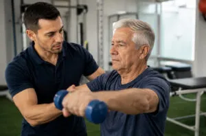 Fisioterapeuta acompanhando treino de fortalecimento muscular para idosos em clínica especializada