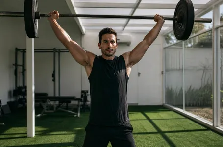Atleta de Crossfit realizando um movimento de Overhead Squat com postura impecável e sem sinais de dor