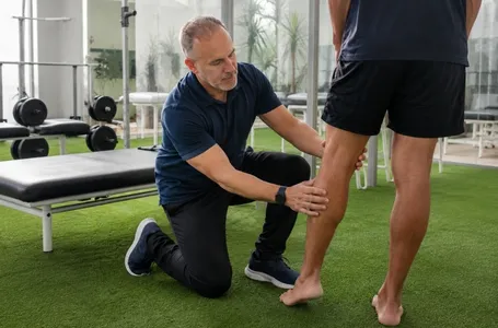 Fisioterapeuta avaliando a região posterior do joelho de um paciente com dor atrás do joelho em clínica de fisioterapia.