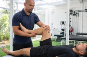 Fisioterapeuta avaliando a mobilidade do quadril de paciente com dor na virilha e suspeita de impacto femoroacetabular.